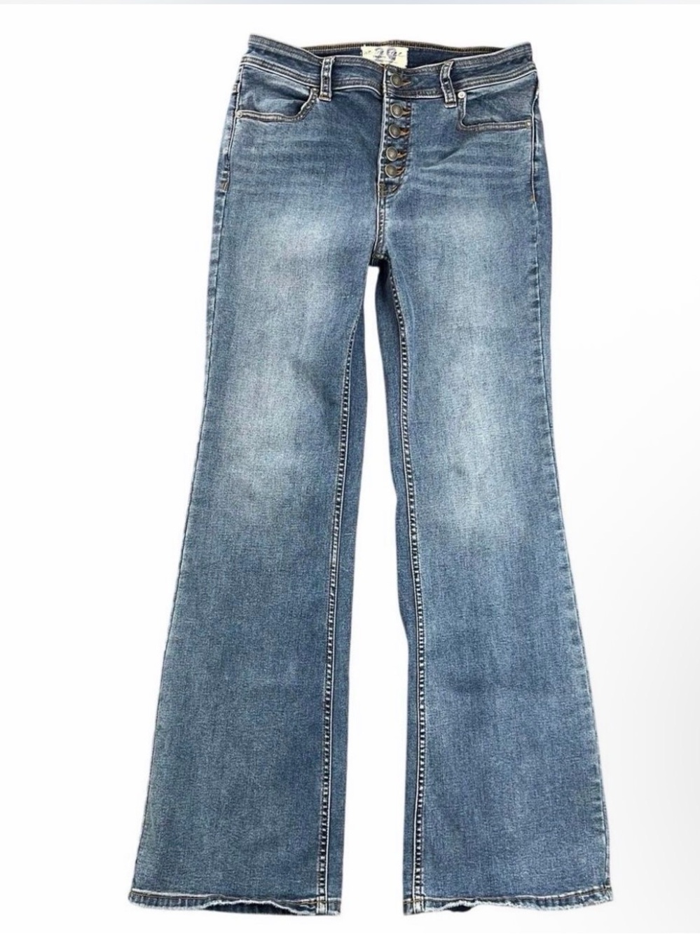 We The Free Button-Fly Flare Jeans in Medium Blue Wash